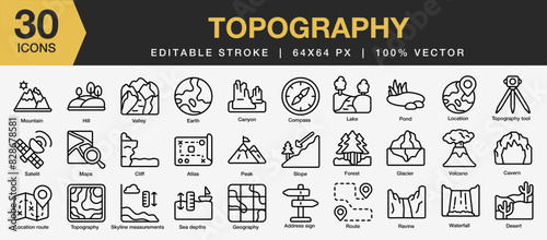 Set of 30 Topography icon set. Editable Stroke Icon Collection. Includes canyon, cliff, desert, forest, lake, mountain and More. Outline icons vector collection.