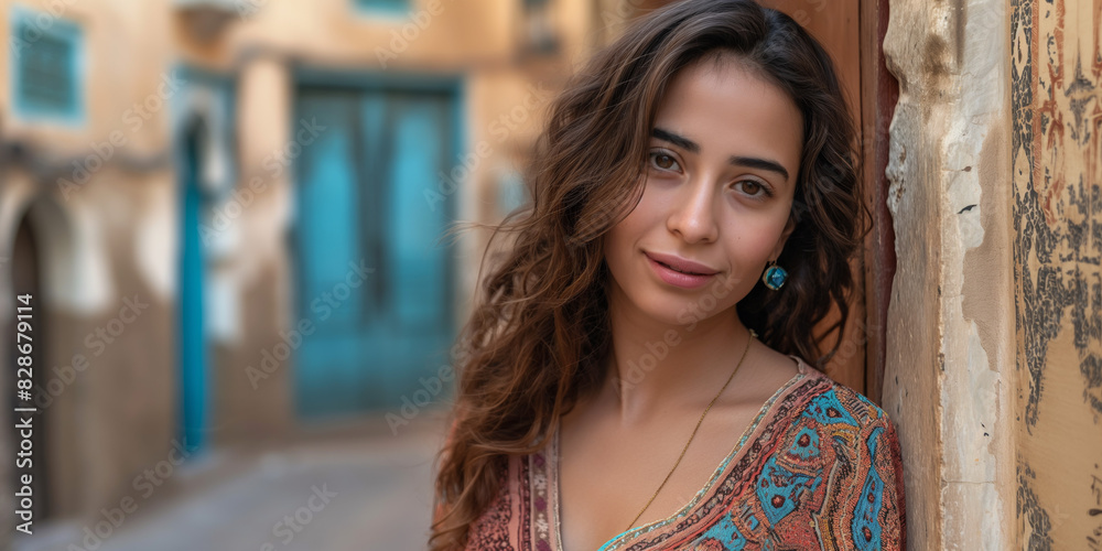 Naklejka premium Naturally beautiful woman with casual, carefree style posing in a Mediterranean alley
