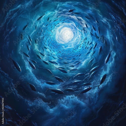 A large group of sardines in the deep blue ocean, flocking and gathering close to the light that is about to break through to the surface of the water. The sun shines on the surface of the water
