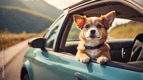 Driving with a dog, having fun on a road trip content puppy enjoying fun with its head out the car window © Ashan