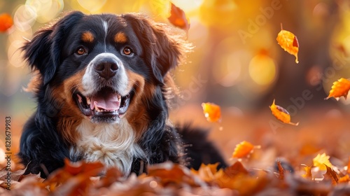 bernese mountain dog enjoys autumn leaves crisp fall air, creating a cute pet concept background with space for text photo