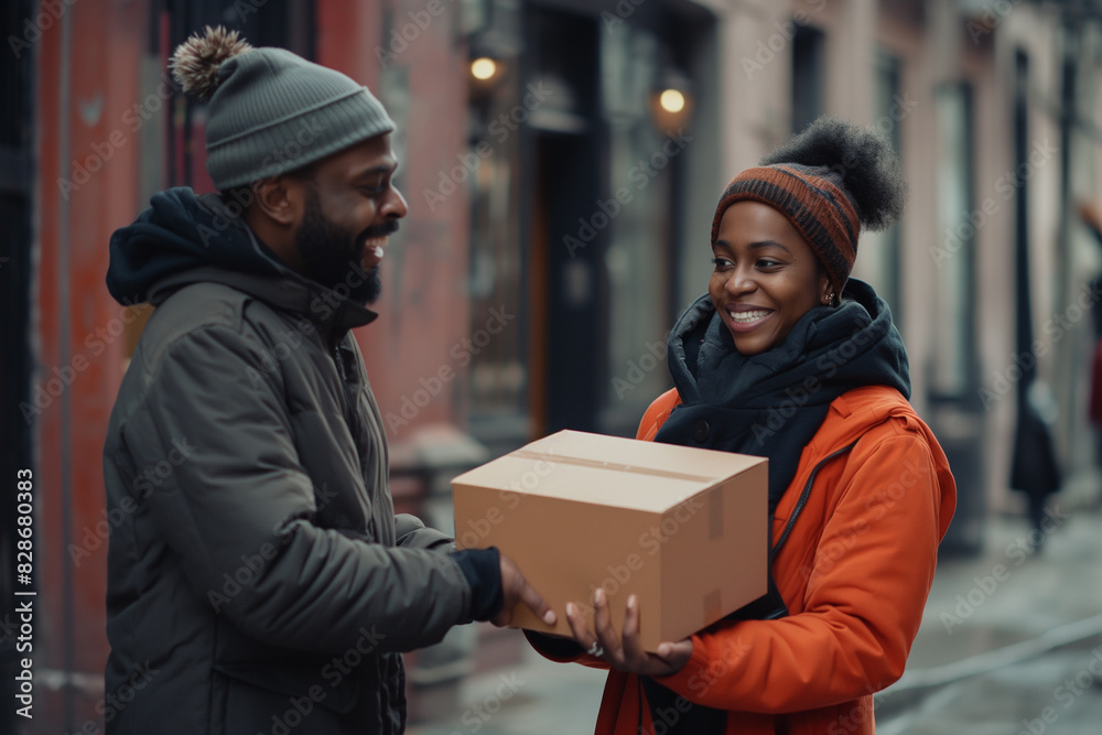 The package courier hands over the goods to the customer. Online shopping express delivery person The package courier hands over the goods to the customer. Online shopping express delivery person
