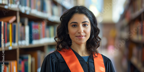 Smiling graduate with cap and gown in a library, representing achievement and education photo