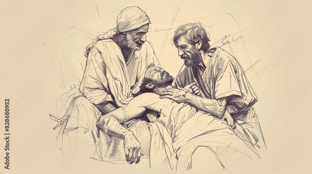 Samaritan Helping Injured Man on Roadside, Biblical Illustration, Beige Background, Copyspace Samaritan Helping Injured Man on Roadside, Biblical Illustration, Beige Background, Copyspace