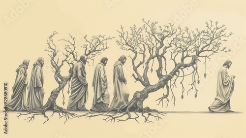 Jesus Teaching Parable of Vine and Branches, Followers as Branches Bearing Fruit, Biblical Illustration, Beige Background, Copyspace