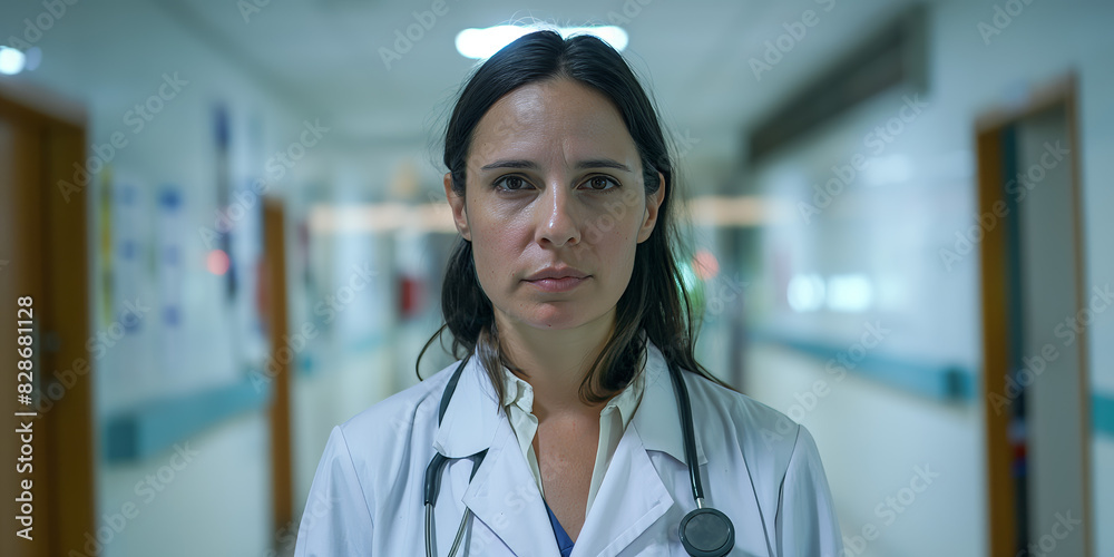 Obraz premium A serious female doctor with a stethoscope in a hospital corridor looks at the camera