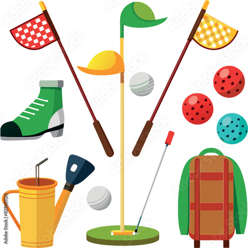 A Vibrant Collection of Sporty Icons Featuring Golf Clubs, Racquets, Balls, Caps, and a Cozy Chair in a Dynamic Arrangement