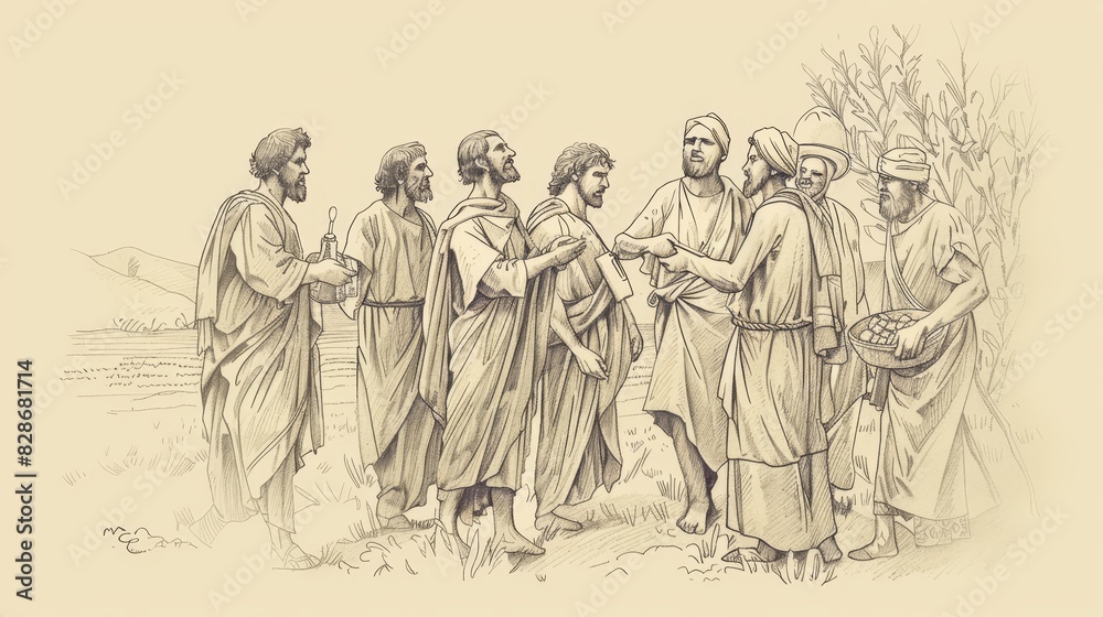 Fototapeta premium Jesus Teaching Parable of Vine and Branches, Followers as Branches Bearing Fruit, Biblical Illustration, Beige Background, Copyspace