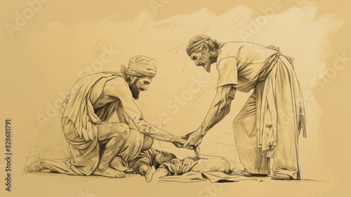 Samaritan Helping Injured Man on Roadside, Biblical Illustration, Beige Background, Copyspace