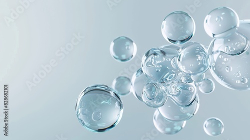 A cluster of glass spheres representing water molecules, floating in midair against a white background. The spheres have reflective surfaces that catch light to highlight their intricate structures. T photo