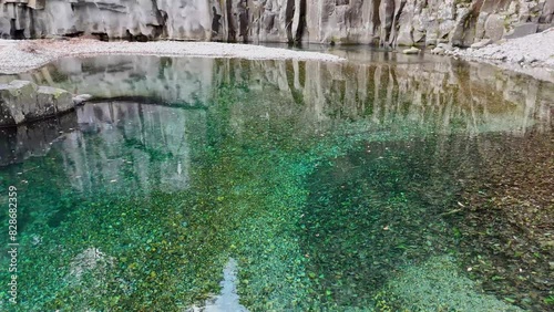 日本の風景 青緑色、エメラルドグリーンにすんだ川と石造りの橋の空撮 photo