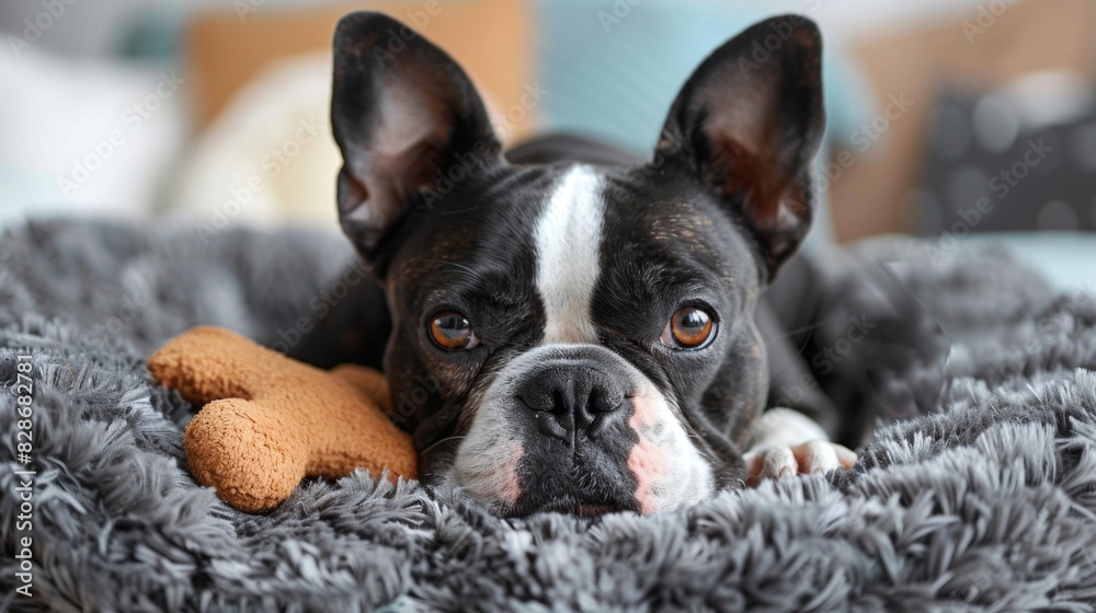 a boston terrier is lying on a comfy dog bed with a toy bone, illustrating a cute and adorable pet theme
