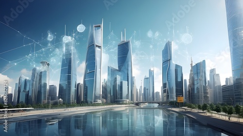 A double exposure of a modern metropolis with skyscrapers and structures, along with concepts of social connections, the internet of things, and satellite navigation systems