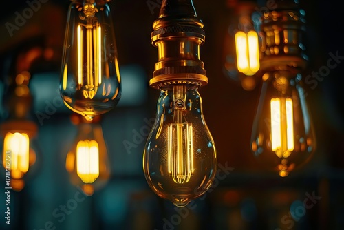 Decorative antique Edison style filament light bulbs glowing in the dark light