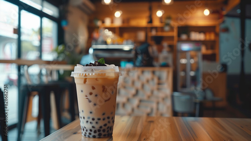 Chic Cafe Iced Latte with Boba Pearls on a Wooden Table