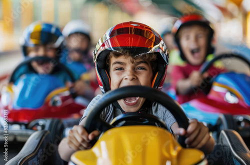 A group of children driving go-karts at an amusement park, laughing and having fun together. The kids wear colorful helmets as they speed around the track in their mini vehicles