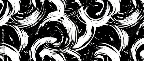 Bold and dynamic seamless pattern features wavy and swirled brush strokes. Curved lines and squiggles ornament the design, creating a captivating black and white wallpaper with endless energy