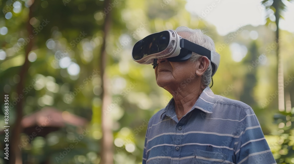 Senior old man using virtual reality headset. VR, future, gadgets, technology concept Senior old man using virtual reality headset. VR, future, gadgets, technology concept