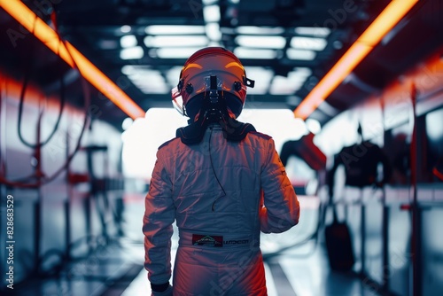 a race car driver walks confidently towards their car in the team garage, exuding determination and focus before the race
