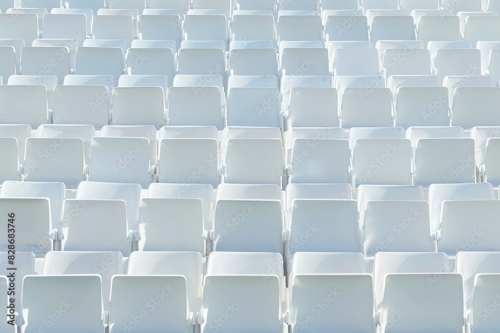 Naklejka premium Rows of white tribunes stand empty in an outdoor sport stadium, symbolizing the absence of fans. The concept of a cultural environment is evoked through the symmetry and design of the modern stadium's