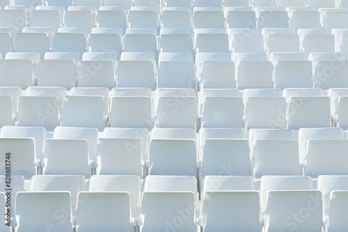 Rows of white tribunes stand empty in an outdoor sport stadium  symbolizing the absence of fans. The concept of a cultural environment is evoked through the symmetry and design of the modern stadium s