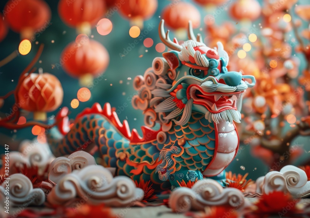 Clay Chinese Dragon Figurine with Red Lanterns