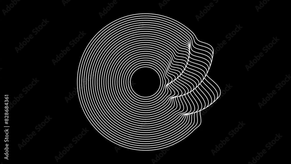 endless looping rotation of circular geometric shape from multiple lines generated from mathematical equation with dark black background
