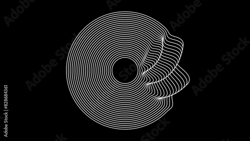 endless looping rotation of circular geometric shape from multiple lines generated from mathematical equation with dark black background photo