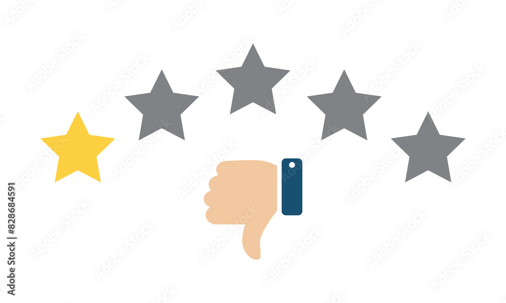 Hand thumb down icon with five stars. Customer bad feedback concept Hand thumb down icon with five stars. Customer bad feedback concept