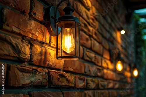 Vintage edison style light bulbs on brick wall background.