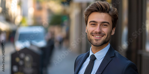A suave young businessman presents a professional and confident demeanor on a city street photo