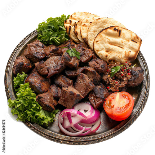 Front view of Ciger Sis with Turkish liver kebap, featuring skewered and grilled liver pieces, isolated on a white transparent background