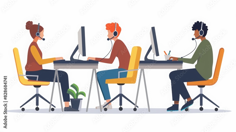 graphic for support web site, semi photorealistic, showing only 3 support personnel, one is female the other 2 are male, all sitting at computers handling support issues graphic for support web site, semi photorealistic, showing only 3 support personnel, one is female the other 2 are male, all sitting at computers handling support issues