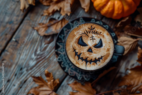 top view of halloween coffee on a wooden table