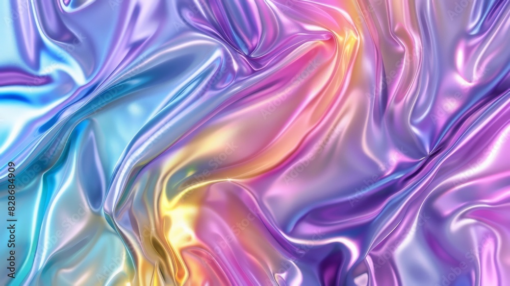 Obraz premium Abstract Holographic iridescent rainbom Y2K fluid background. Lliquid gradient waves surface futuristic texture.Mental health holo modern aesthetic. Trendy Brutalism