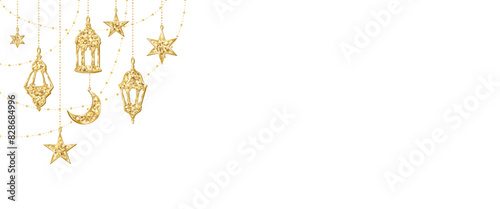 Ramadan or Al-Adha traditional decoration. Golden glitter garland with hanging crescents, stars and lanterns. Muslim holidays border, corner frame. Transparent background in vector or PNG file.