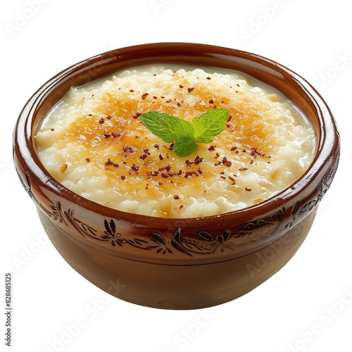 Front view of Firin Sutlac with Turkish baked rice pudding, featuring creamy rice pudding baked until golden brown, isolated on a white transparent background photo