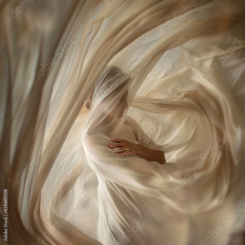 Woman's body wrapped in a flowing fabric, highlighting her natural shape and movement, with a soft, blurred background creating a dreamy effect