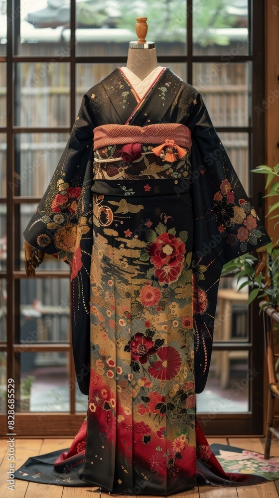 A kimono with a floral pattern and a red obi. A kimono with a floral pattern and a red obi.