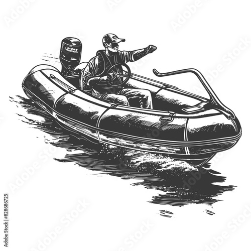 a man driving inflatable boat the boat is traveling with engraving style