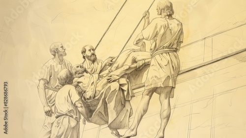 Paralytic Lowered Through Roof to Jesus for Healing, Biblical Illustration, Beige Background, Copyspace