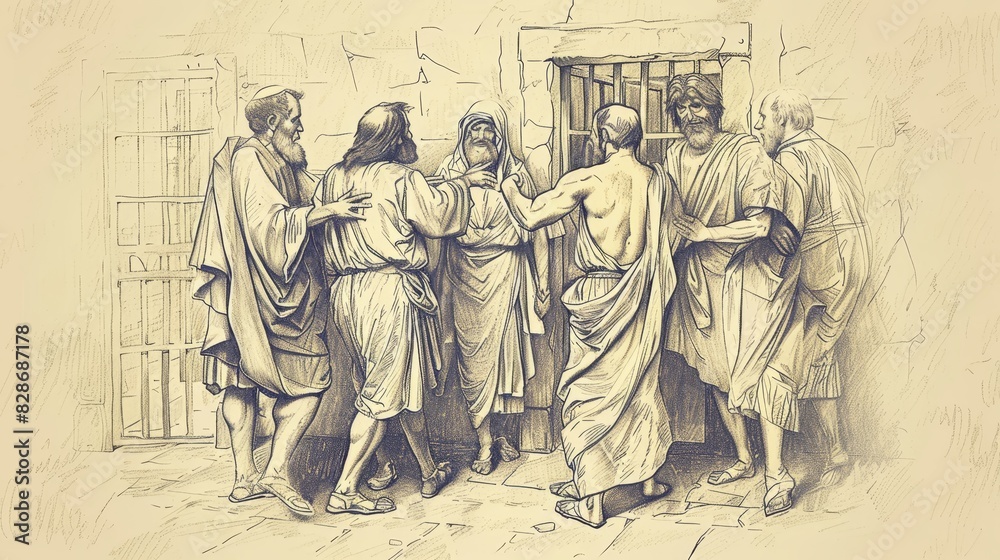 Paul and Silas Escape Jail After Earthquake, Jailer Inquires About Salvation, Biblical Illustration, Beige Background, Copyspace Paul and Silas Escape Jail After Earthquake, Jailer Inquires About Salvation, Biblical Illustration, Beige Background, Copyspace