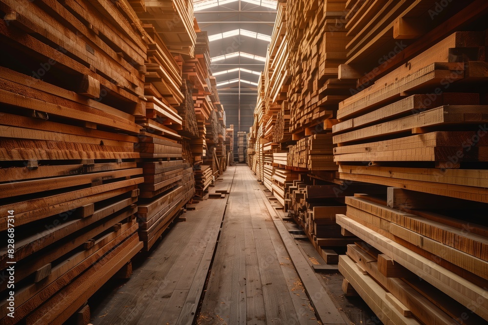 Neatly Stacked Wooden Planks in a Well-Organized Lumber Yard Warehouse Neatly Stacked Wooden Planks in a Well-Organized Lumber Yard Warehouse