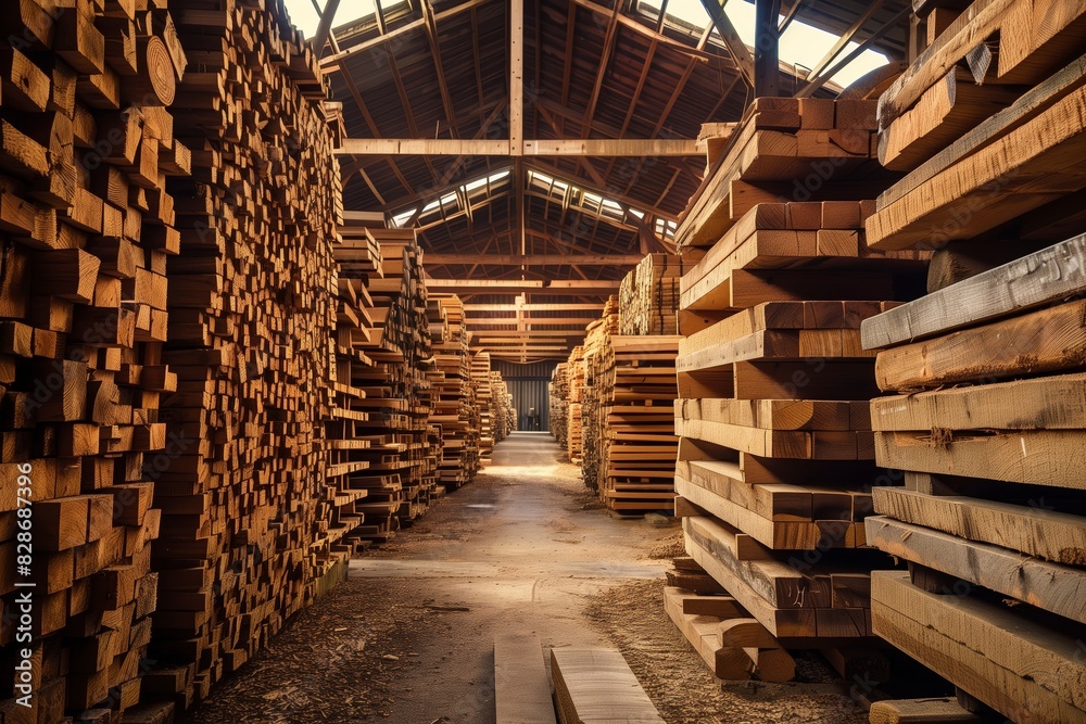 Neatly Stacked Wooden Planks in a Lumber Yard Warehouse Neatly Stacked Wooden Planks in a Lumber Yard Warehouse