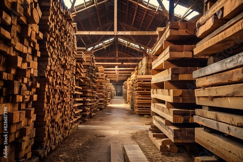 Wallpaper Mural Neatly Stacked Wooden Planks in a Lumber Yard Warehouse Torontodigital.ca