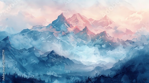 Misty mountain range with a pink and blue sky