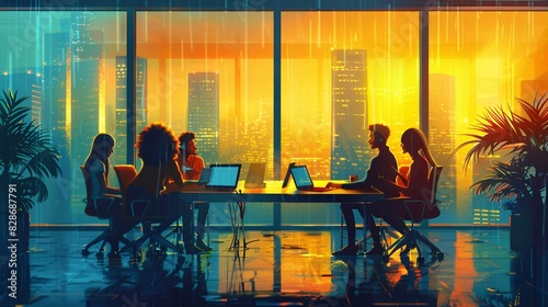 A vibrant portrait of office workers in a heated debate around a table, with laptops open, coffee cups knocked over, and animated gestures, framed by a backdrop of large windows offering a city