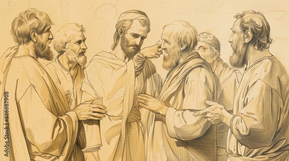 Healing of Ten Lepers by Jesus, One Returns in Gratitude, Biblical Illustration, Beige Background, Copyspace Healing of Ten Lepers by Jesus, One Returns in Gratitude, Biblical Illustration, Beige Background, Copyspace