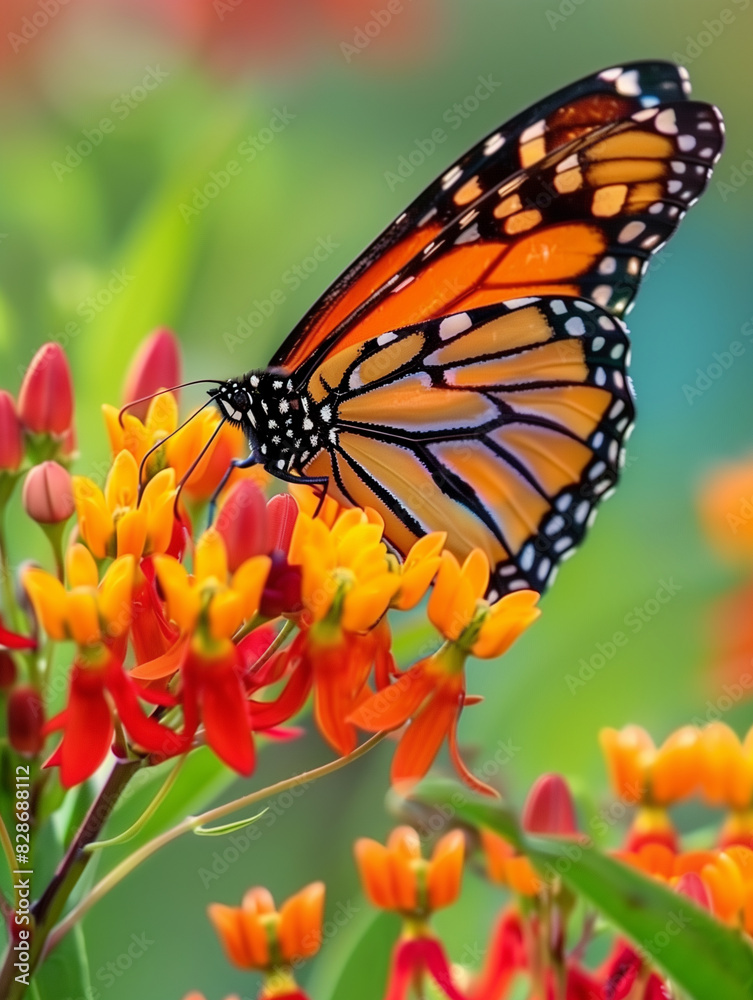 Fototapeta premium Monarch butterfly feeding on vibrant orange and yellow flowers.