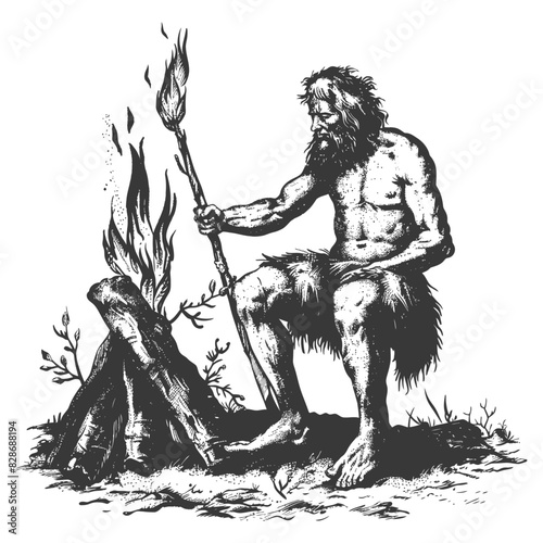 ancient caveman in front bonfire with engraving style